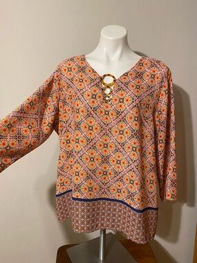 Tacera Orange and Blue Geometric Ring-Front Tunic